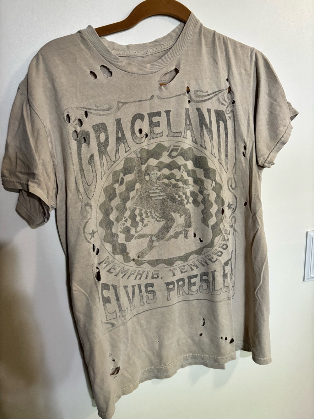 Elvis Presley Graceland Distressed Graphic Tee in Faded Beige